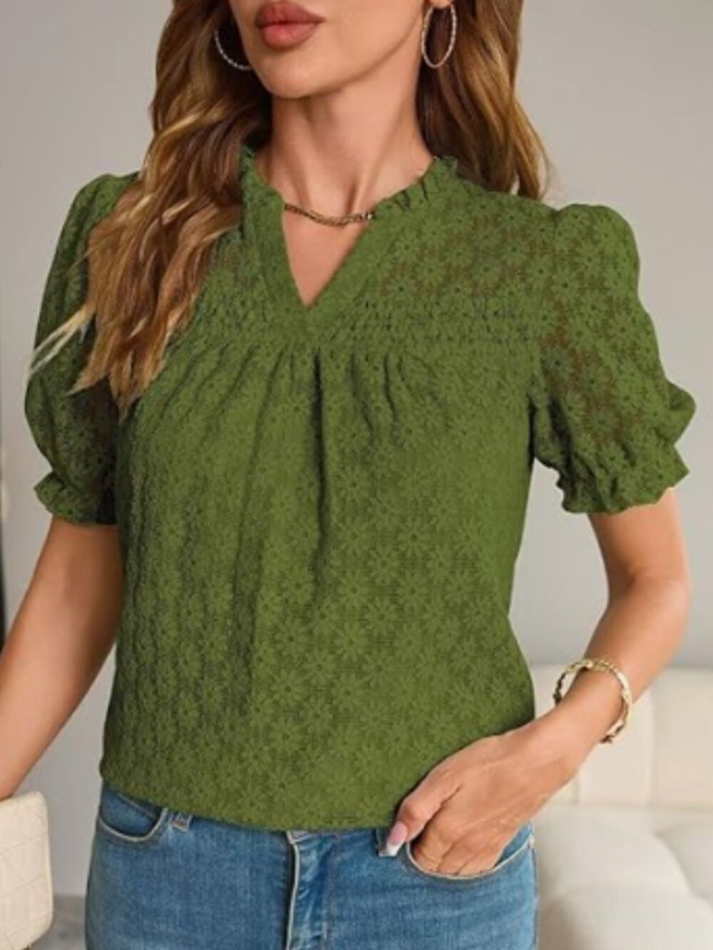 Falechay Olive Boho Floral Short Puff Sleeve Crochet Lace Peasant Top Size M NWT